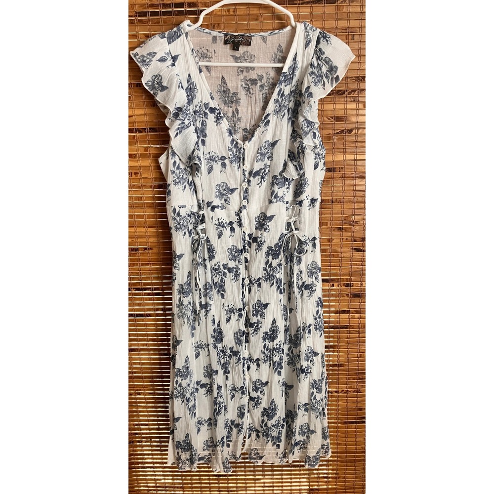 J. Gee Blue L Dress Floral Button Front Midi White Ruffle Smocked Cottagecore